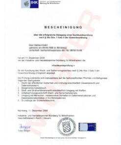 Bescheinigung über die Befähigung gemäß § 34i des Gewerberegulierungsgesetzes (GewO)