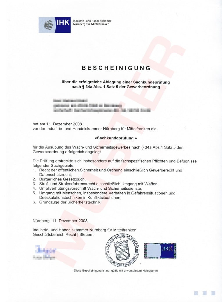 Befähigungsnachweis gemäß § 34a des Gewerberegulierungsgesetzes (GewO)